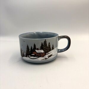 Vintage Otagiri Japan Stoneware Blue- MCM Winter Snow Log Cabin Soup Mug Bowl